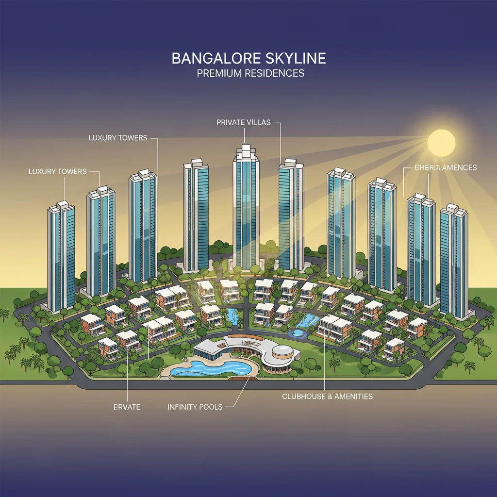 Modern luxury residential skyline in Bangalore with elegant high-rise towers and villas representing premium real estate development