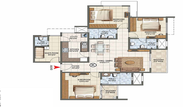 3 BHK floor plan of Sobha Hoskote