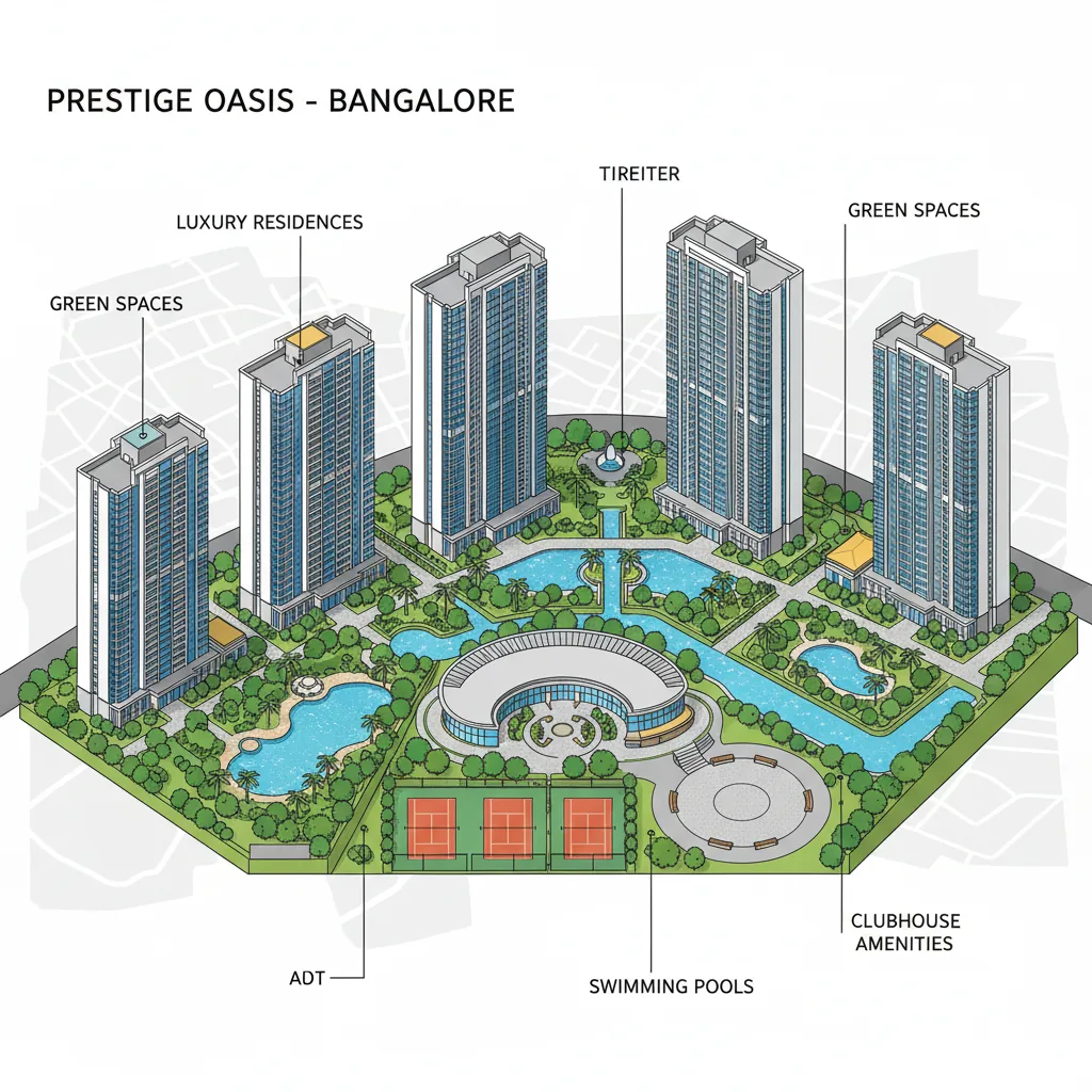 Modern luxury residential township aerial view with high-rise towers, lush green landscaping, swimming pools, and clubhouse amenities in Bangalore