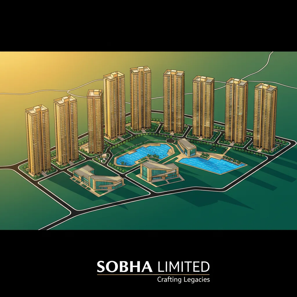 Modern luxury residential township in Bangalore featuring high-rise apartment towers, green landscapes, swimming pools and clubhouse facilities