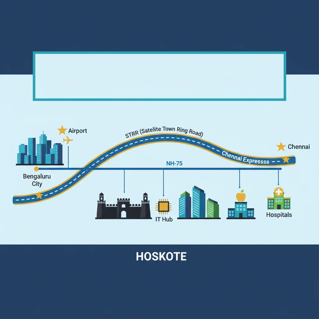 Infographic showing Hoskote as a strategic satellite town of Bengaluru with historical fort, road connectivity, and IT infrastructure