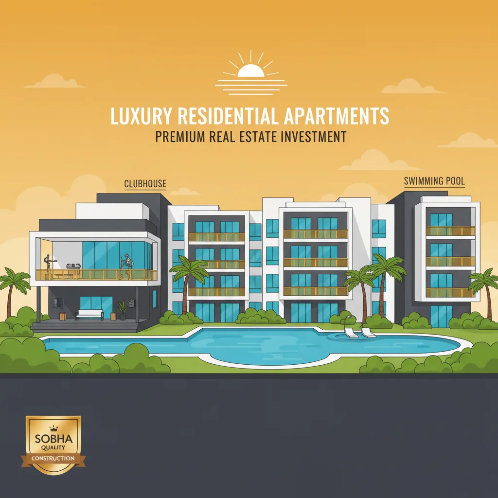 Modern luxury residential apartment complex with elegant architecture, lush green landscaping, swimming pool, and clubhouse amenities