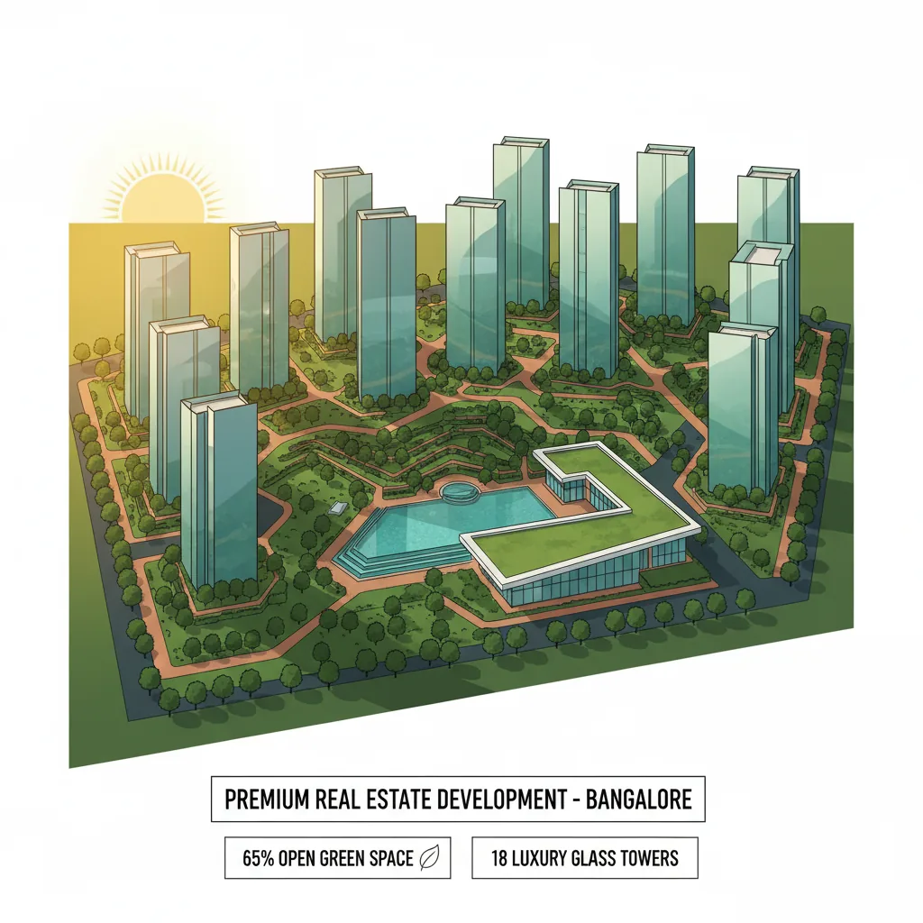 Modern luxury residential township aerial view with 18 sleek glass towers and green landscape