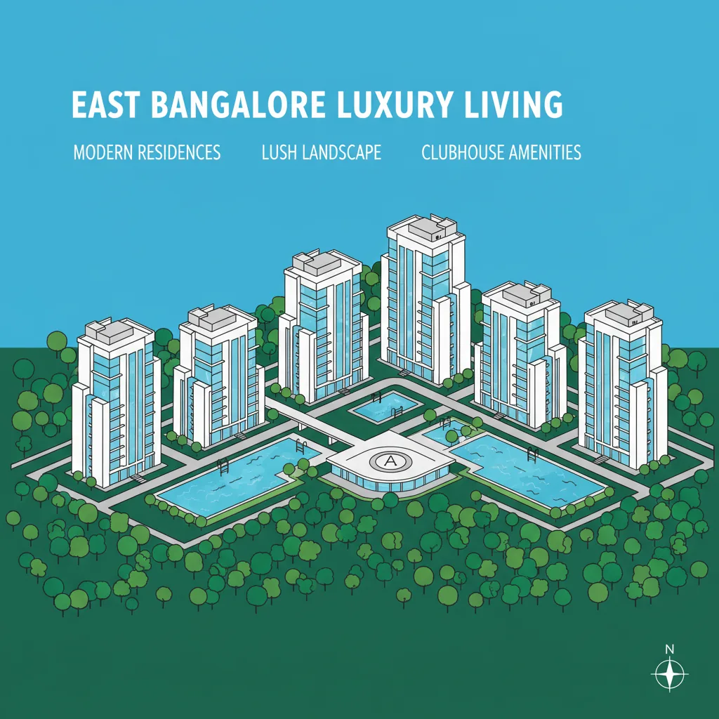 Modern residential apartment towers in East Bangalore with lush green landscape and luxury amenities