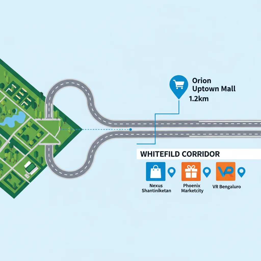 Infographic showing Sobha Hoskote township connected to nearby shopping malls including Orion Uptown, Nexus Shantiniketan, Phoenix Marketcity, and VR Bengaluru with distance markers