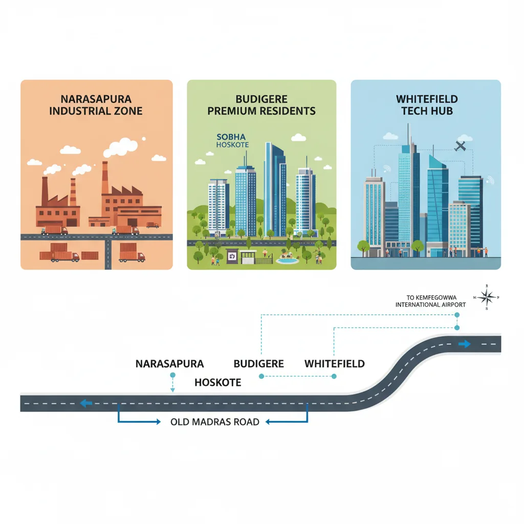 Modern infographic showing Hoskote-Narasapura-Budigere-Whitefield corridor with industrial zones, residential communities, and tech hub