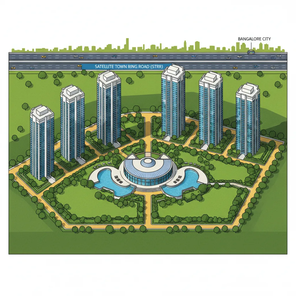 Benefits of Buying Property in Hoskote - Sobha Hoskote luxury township aerial view with 54-floor towers, green spaces, and STRR highway