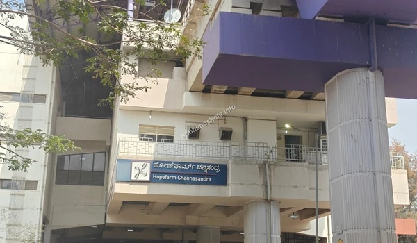 Side view of Hopefarm Channasandra metro station on the Purple Line in Bengaluru, featuring the station entrance and architectural support structures against a clear sky.