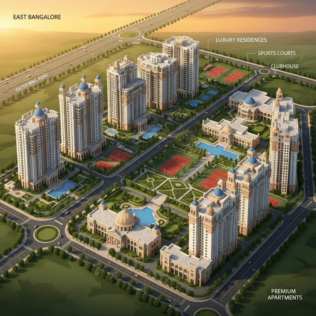 Best Luxury Townships in East Bangalore 2026 - Modern luxury residential township aerial view with Greek and Rajasthani architectural influences