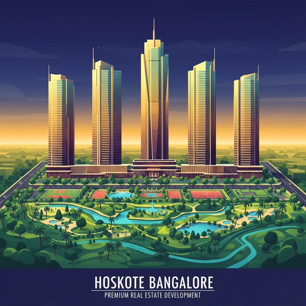 Modern luxury residential high-rise towers at sunset, architectural visualization of 54-floor skyscrapers in a 300-acre green township, Hoskote Bangalore