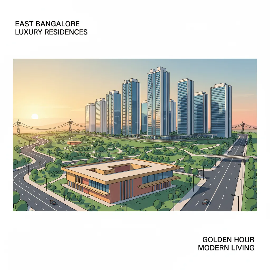 Modern luxury high-rise residential township in East Bangalore at golden hour with sleek glass towers and landscaped gardens