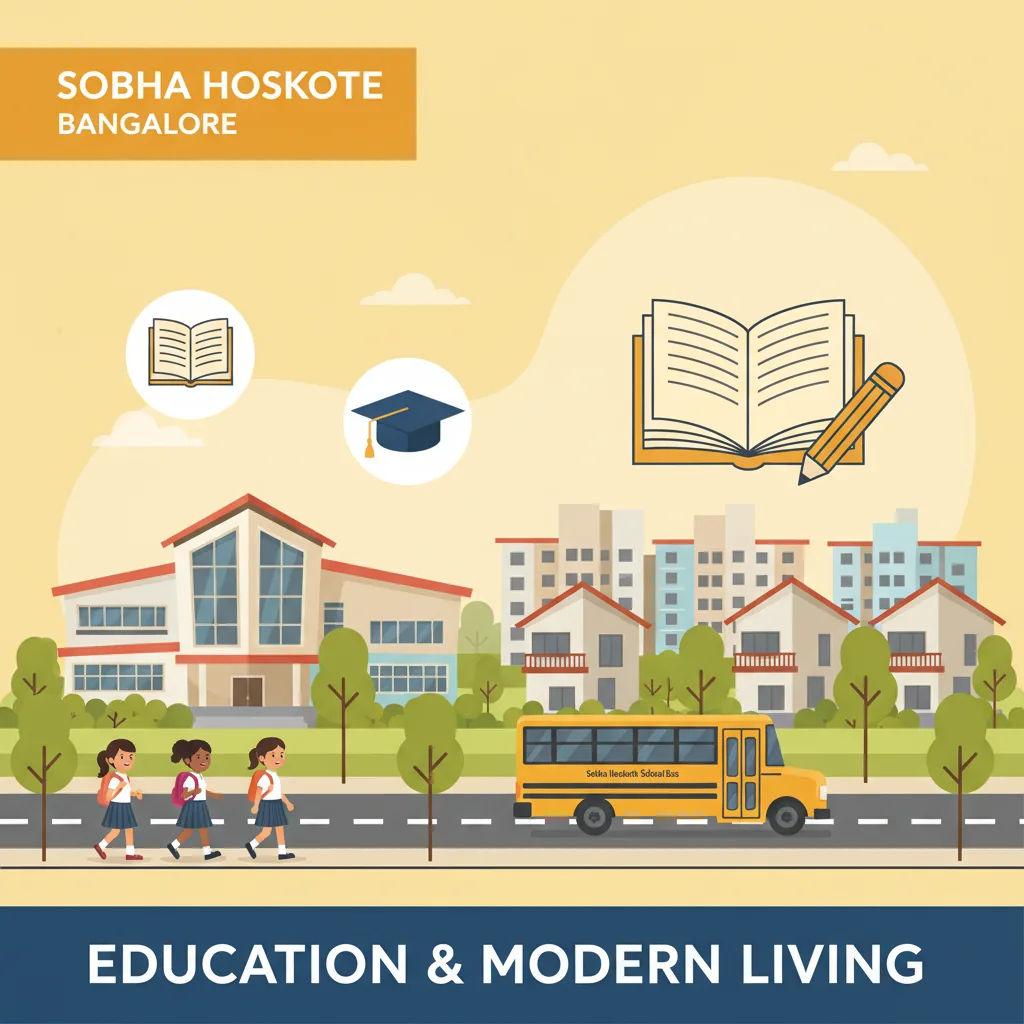 Educational infographic showing schools near Sobha Hoskote with children walking to school, school bus, and township buildings
