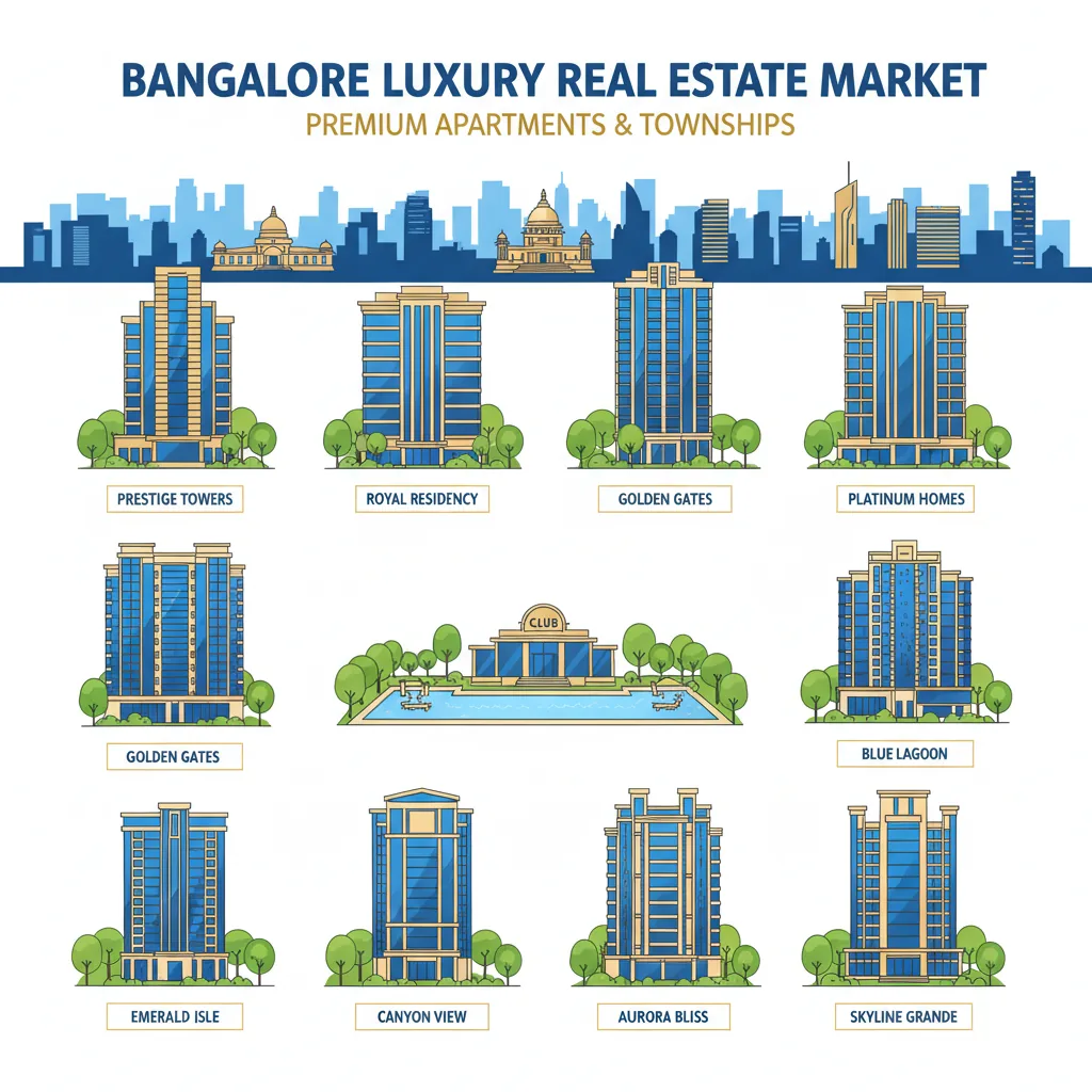 Modern luxury residential real estate infographic for Bangalore property market with premium apartment towers and townships