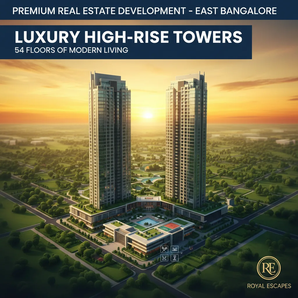 Modern luxury residential high-rise towers at sunset with 54-floor skyscrapers and lush green gardens in East Bangalore