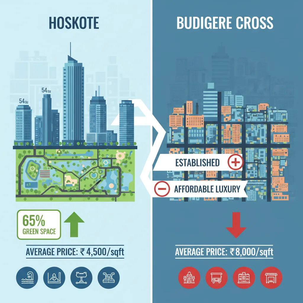 Modern real estate infographic comparing Hoskote vs Budigere Cross property prices in Bangalore with 54-floor tower silhouette and 300-acre township illustration