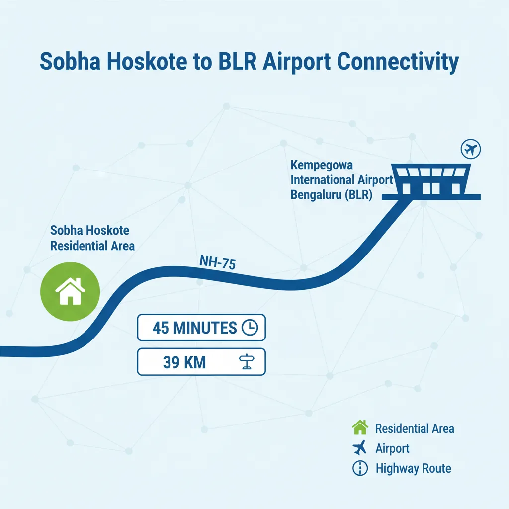 Connectivity map showing route from Sobha Hoskote to Kempegowda International Airport via NH-75, 39km distance in 45 minutes