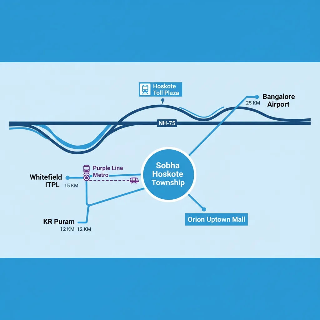 Modern real estate location map infographic showing Sobha Hoskote township connectivity routes from Whitefield, KR Puram, and Bangalore Airport via NH-75