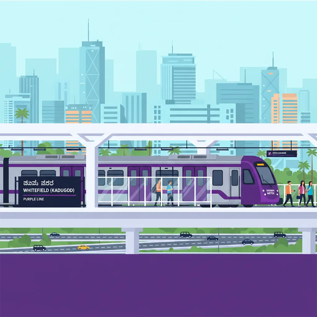 Namma Metro Purple Line train arriving at Whitefield Kadugodi station in Bengaluru