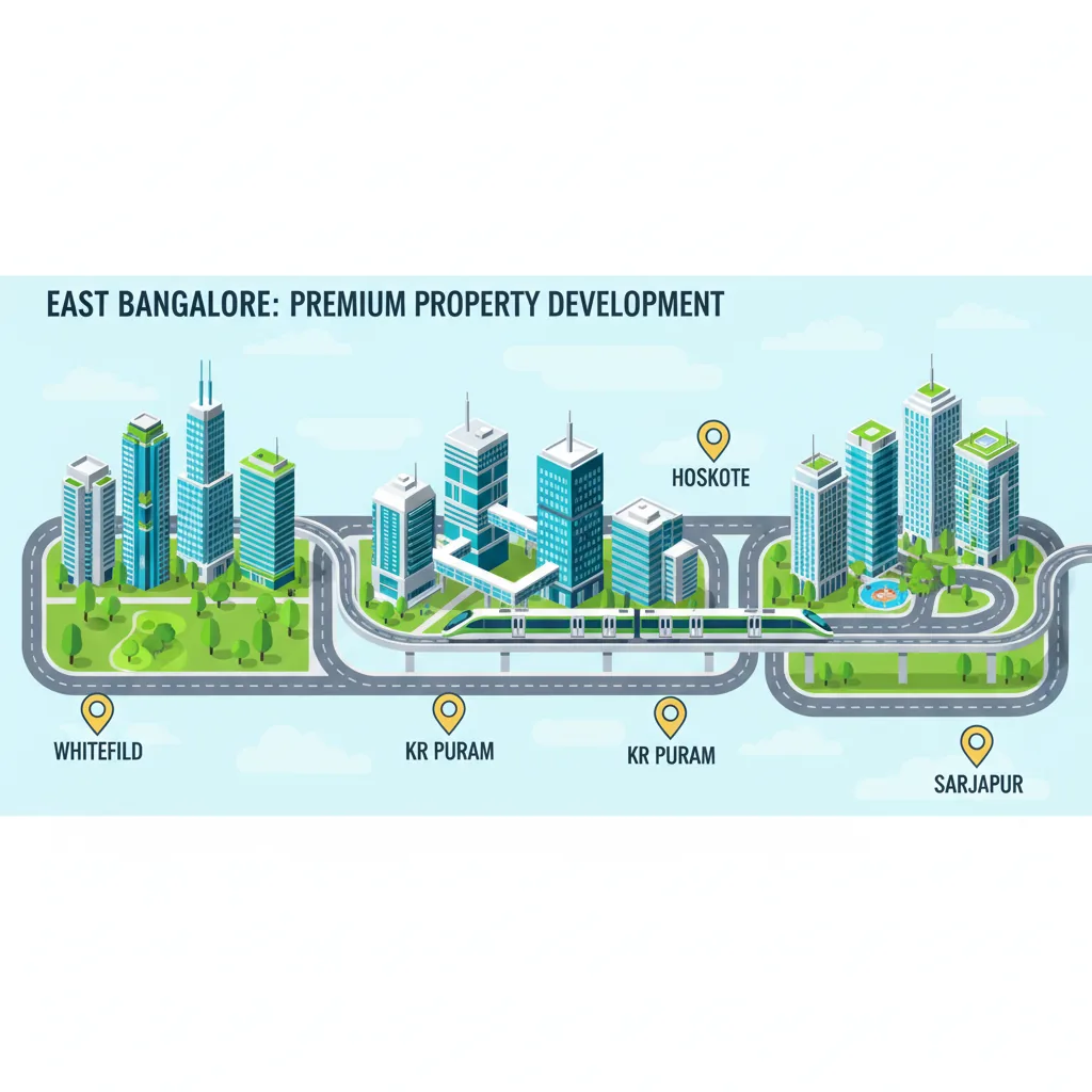 East Bangalore real estate infographic showing IT parks, metro, residential towers and location pins for Whitefield, Hoskote, Sarjapur, KR Puram