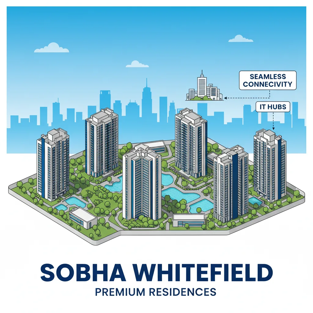 Modern luxury residential township aerial view with high-rise towers near Whitefield, Bangalore