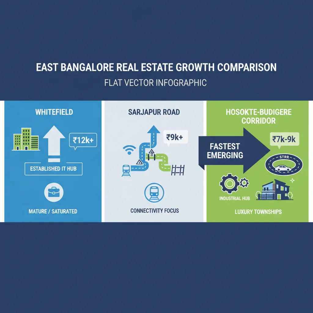 Infographic comparing East Bangalore real estate growth: Whitefield, Sarjapur Road, and the emerging Hoskote-Budigere corridor with STRR connectivity