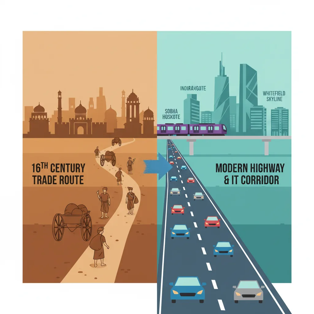 Infographic showing the evolution of Old Madras Road from 16th-century trade route to modern NH-75 highway