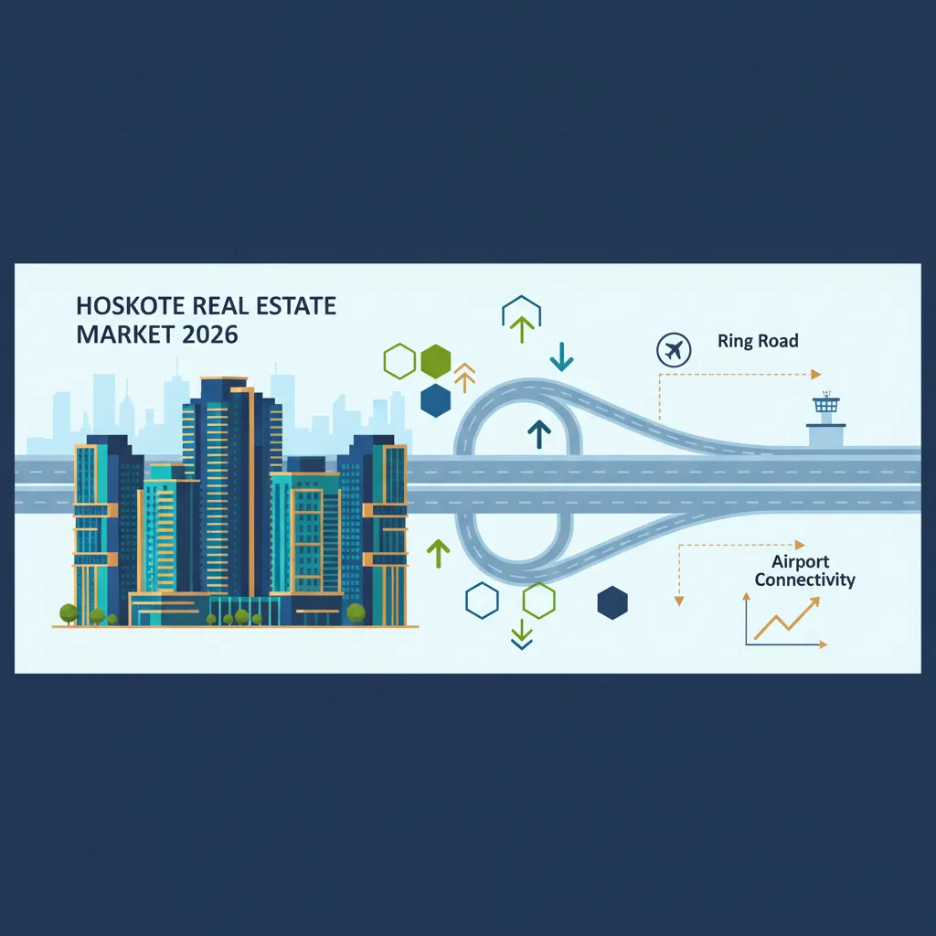 Hoskote Real Estate Market 2026: Modern infographic showing luxury residential towers and infrastructure connectivity with Bangalore cityscape