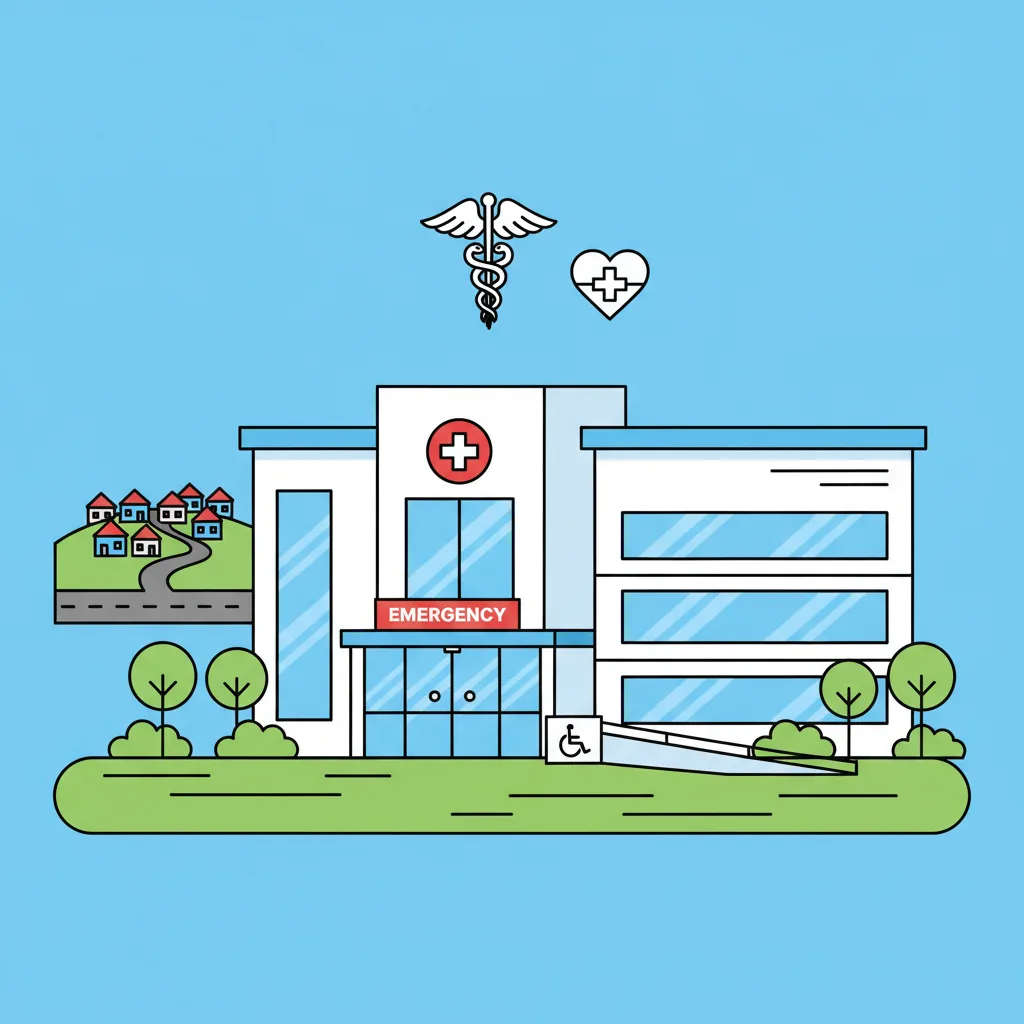 Modern hospital building exterior near Sobha Hoskote residential township with emergency signage and greenery