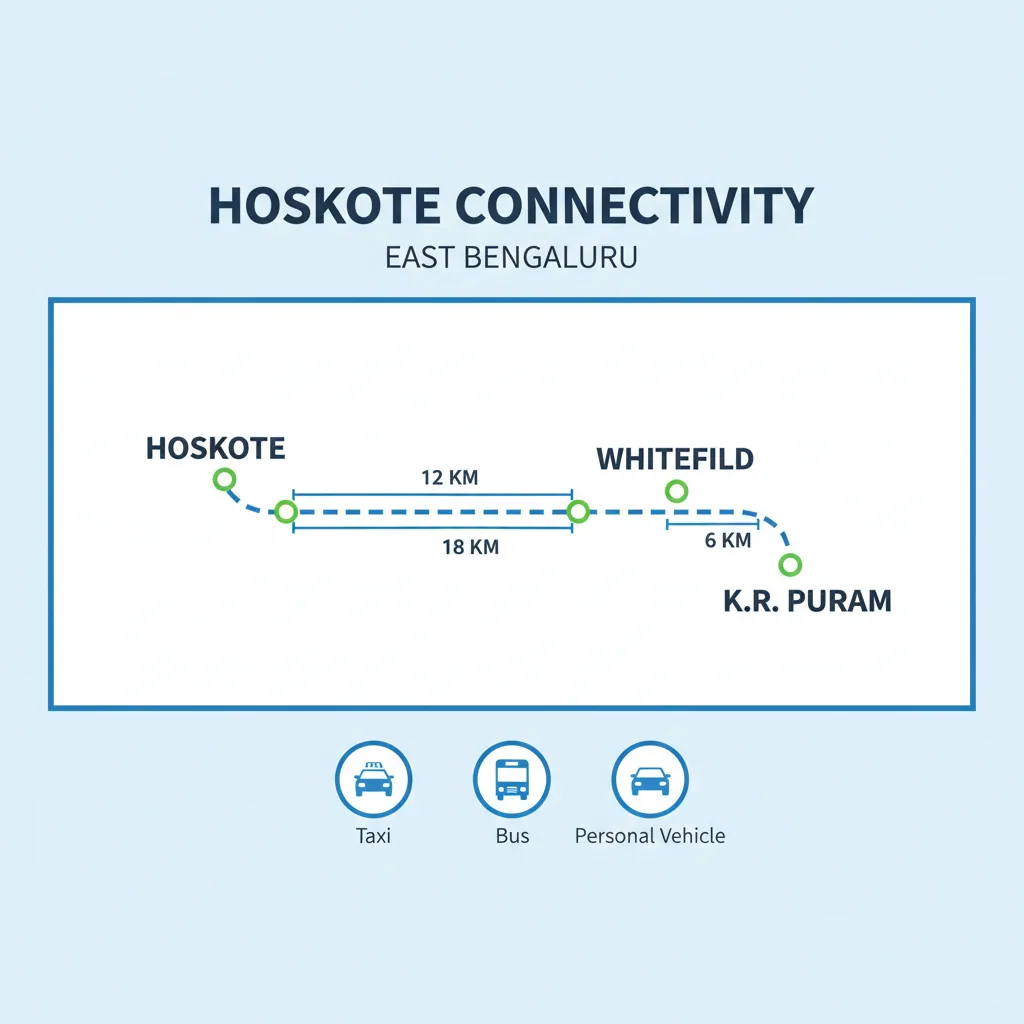 Modern infographic showing Hoskote location map with railway connectivity to K.R. Puram and Whitefield stations, distance markers, and transport icons