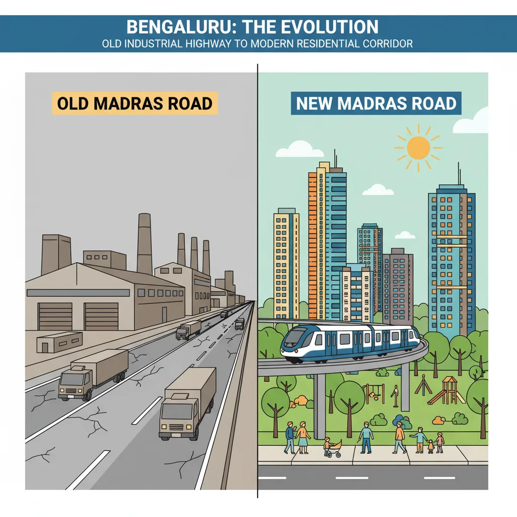 How has Old Madras Road changed? Infographic showing transformation from industrial highway to modern residential corridor with metro and high-rise apartments