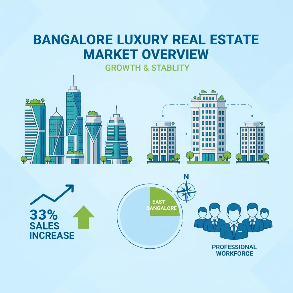 Bangalore real estate market infographic showing luxury residential towers, 33% sales growth, and East Bangalore premium developments