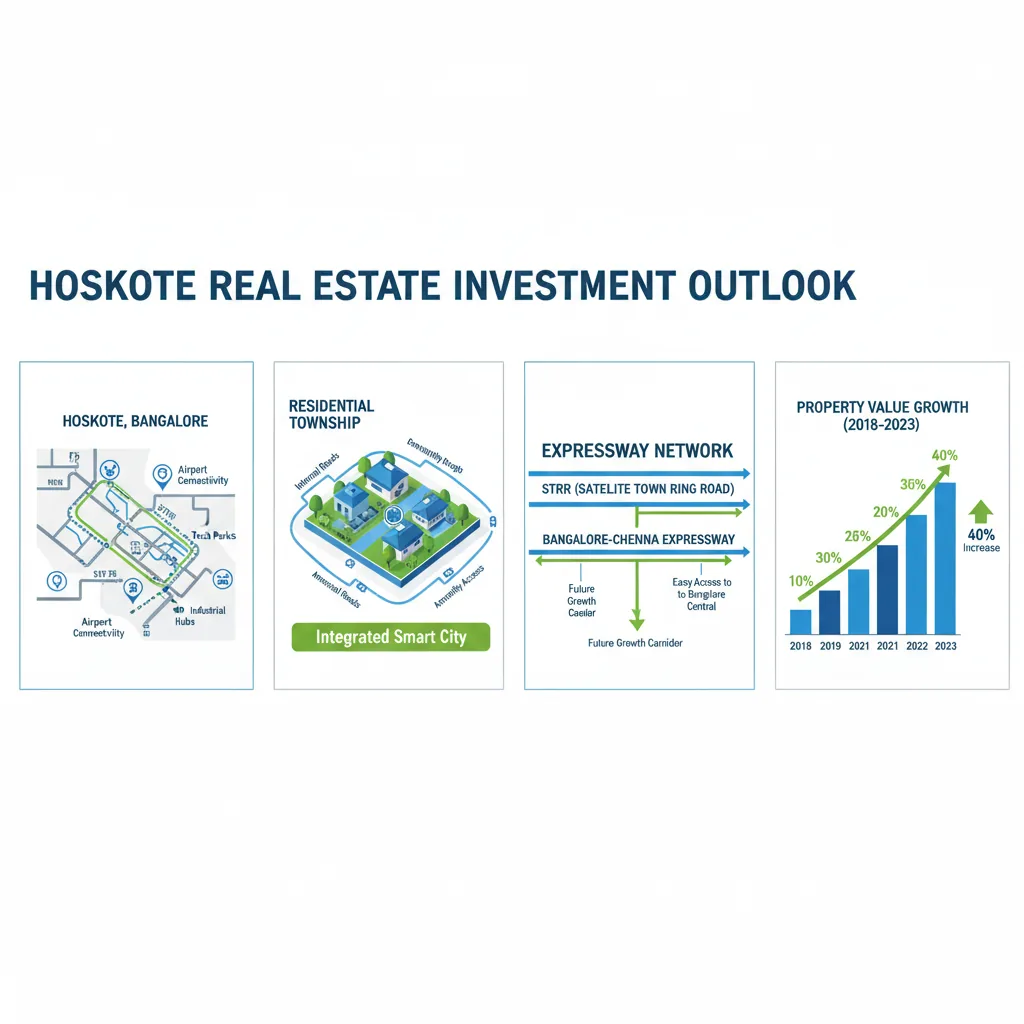 Hoskote real estate investment infographic showing location map with connectivity highlights and residential township aerial view