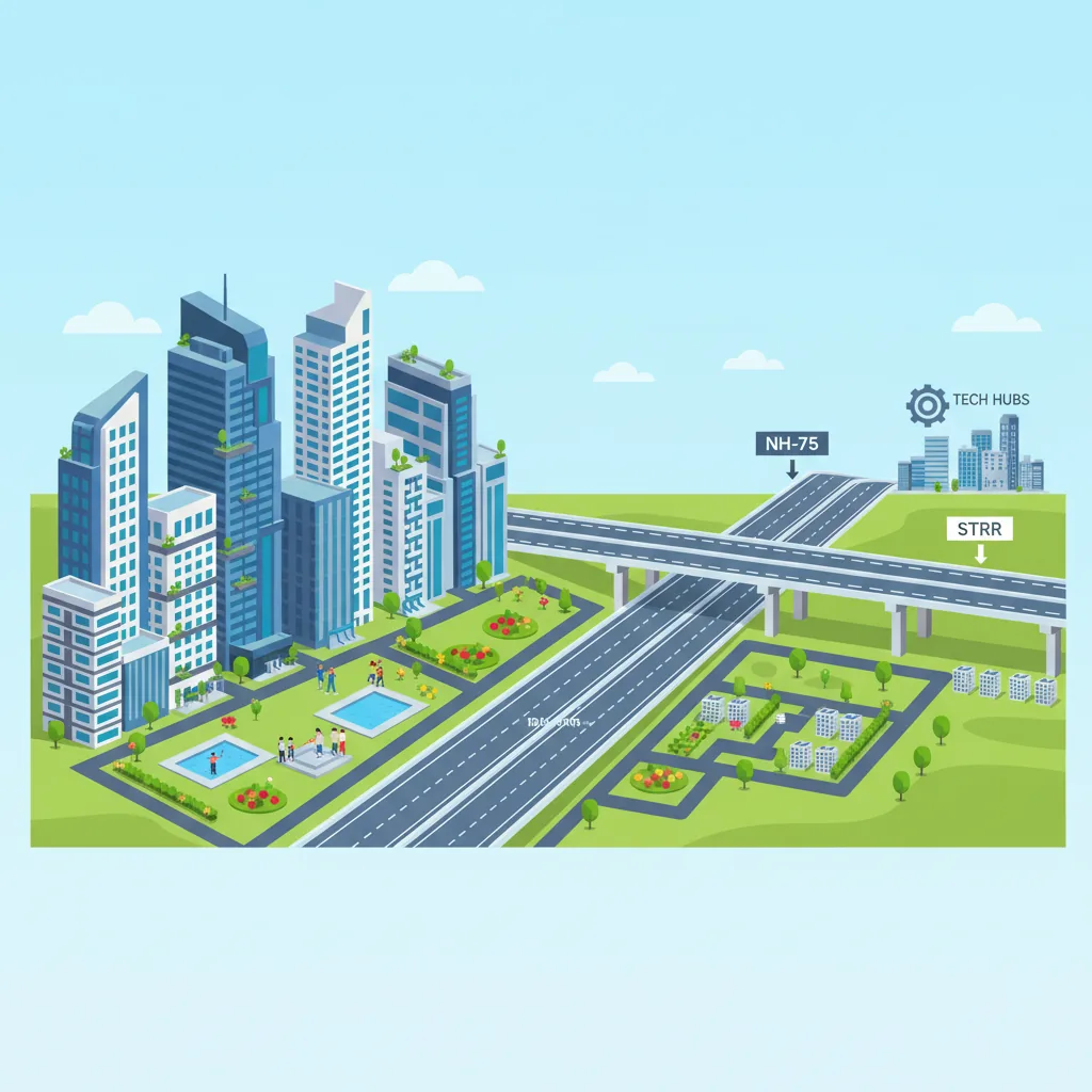 Modern residential skyline of Hoskote Bangalore with tall apartment towers, wide 10-lane highway infrastructure, and green open spaces