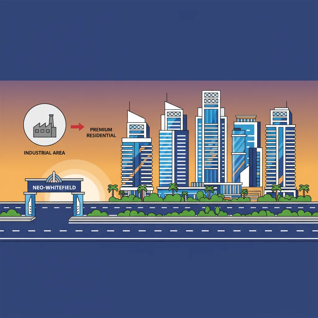Modern luxury residential skyline in Hoskote, Bangalore featuring sleek high-rise towers with glass facades, wide 10-lane highway in foreground, lush green landscaping and gated community entrance, infographic style illustration showing transformation from industrial area to premium Neo-Whitefield destination, warm sunset lighting, professional real estate visualization