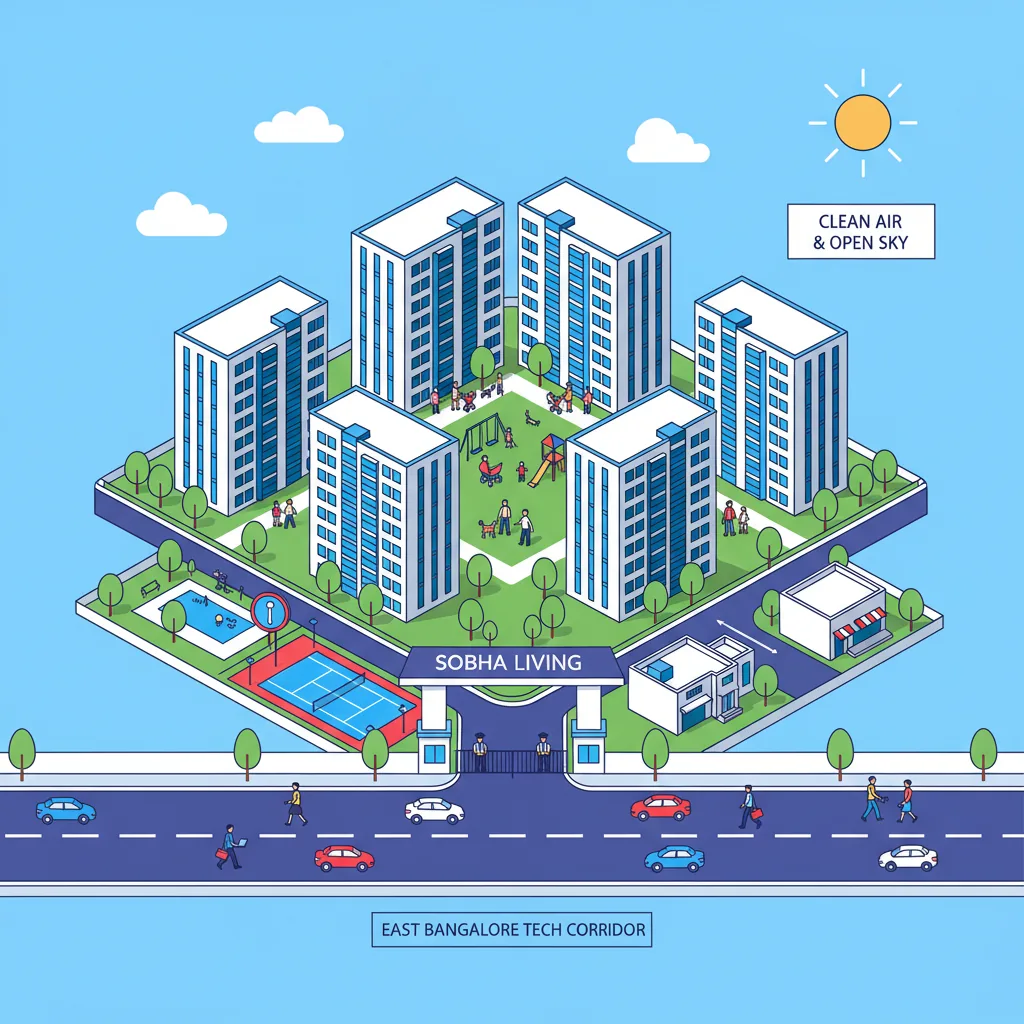Modern residential township aerial view with green spaces, gated community entrance with security, families walking in parks, IT professionals commuting on wide highway, East Bangalore suburban landscape