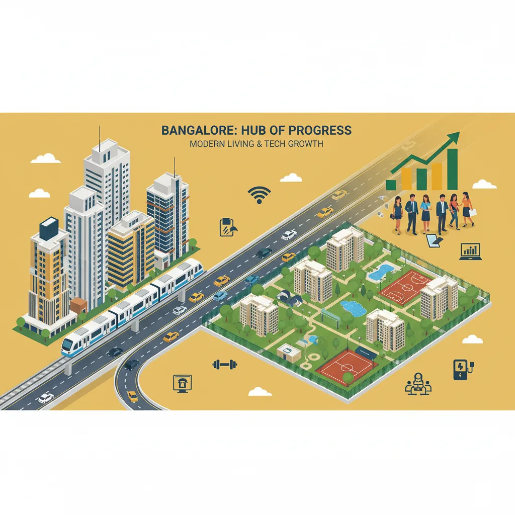 Modern Bangalore cityscape with residential towers, metro rail, and premium gated community showing property investment growth