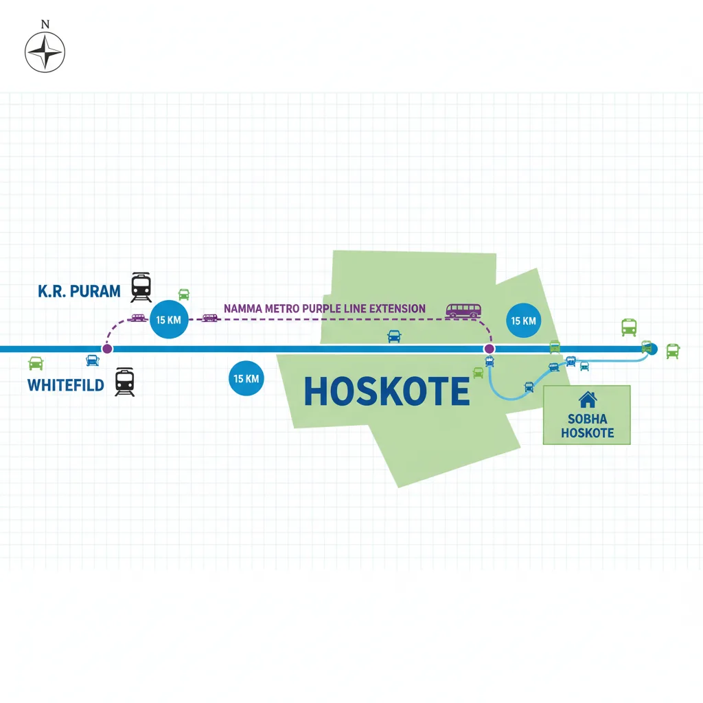 Infographic showing Hoskote railway connectivity with K.R. Puram and Whitefield stations