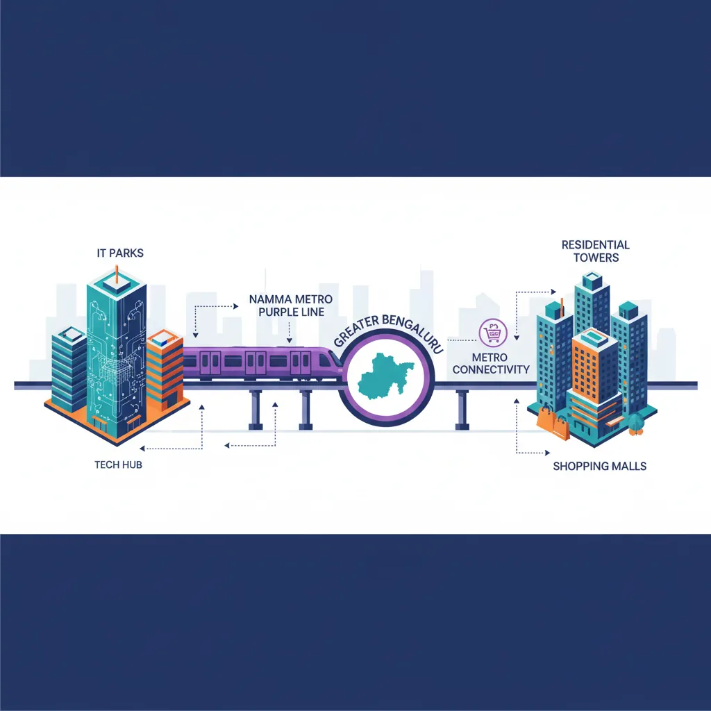 Is Whitefield a city or a town? A 2026 Guide - modern infographic style illustration showing Whitefield Bengaluru as a bustling tech suburb with IT parks, metro connectivity, residential towers, and shopping malls