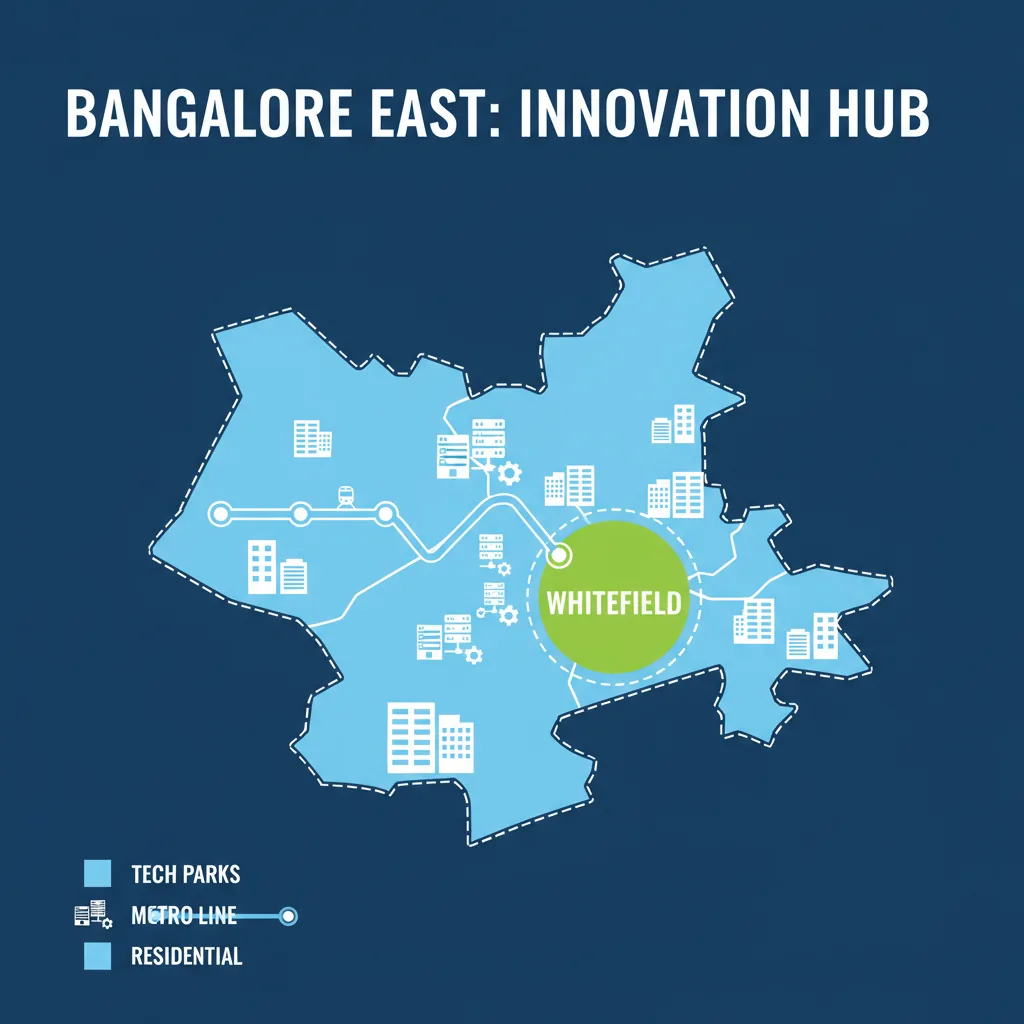 Infographic style illustration showing Bangalore city map highlighting East Bangalore zone with Whitefield location marked prominently