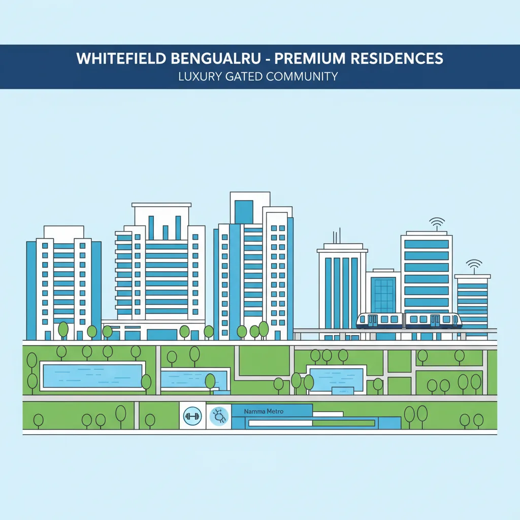Modern infographic illustration of Whitefield Bengaluru premium residential area with luxury gated communities, metro connectivity, and tech offices