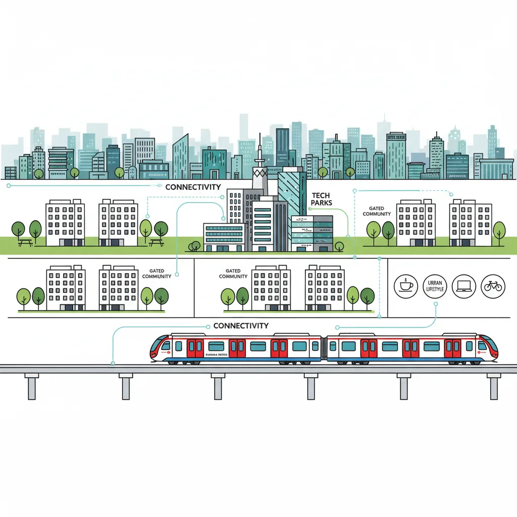 Modern residential skyline of Whitefield Bengaluru with Namma Metro train, tech parks in background, green spaces and gated communities