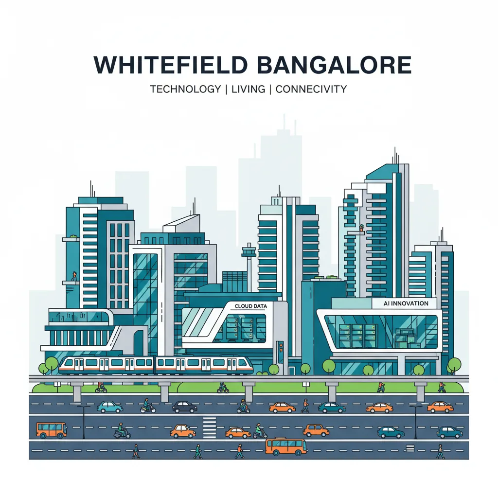 Modern urban cityscape of Whitefield Bangalore showing tech parks, metro train, residential towers, and bustling streets