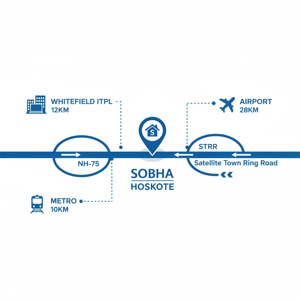 Sobha Hoskote connectivity infographic showing NH-75 and STRR intersection with distance markers to Bangalore landmarks