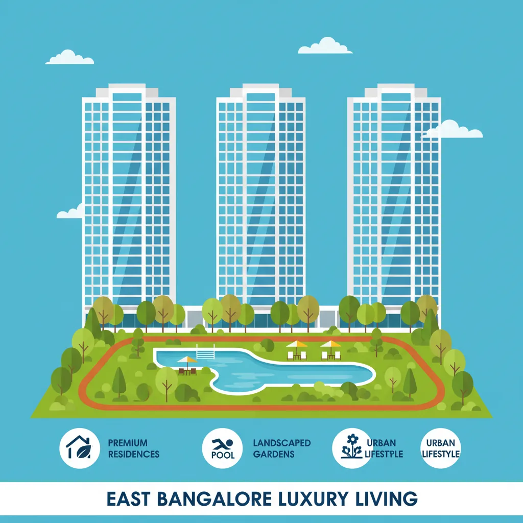 Modern luxury apartments in East Bangalore with contemporary architecture, green spaces, swimming pool, and landscaped gardens
