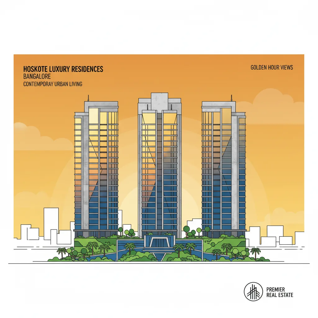 Luxury high-rise apartments in Hoskote - Modern residential towers at golden hour with panoramic city views