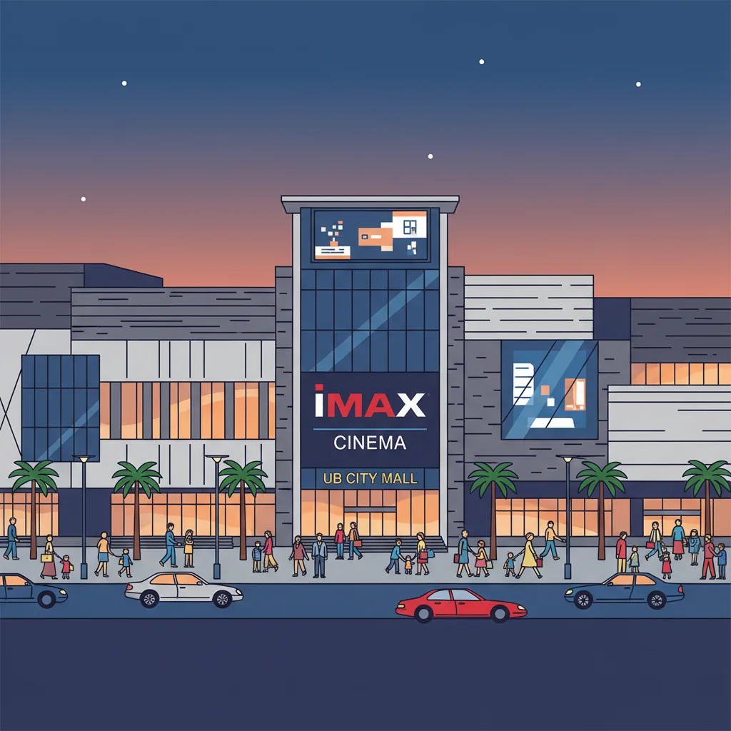 Modern shopping mall exterior in Bangalore with IMAX cinema signage, upscale architecture and families shopping