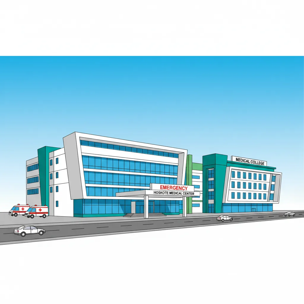 Modern hospital building exterior in Hoskote, medical facility architecture, healthcare infrastructure, clean professional photography, blue sky background, welcoming hospital entrance with emergency services visible, ambulance bay, multi-story medical college building, National Highway location, East Bangalore setting, bright daylight, contemporary medical center design