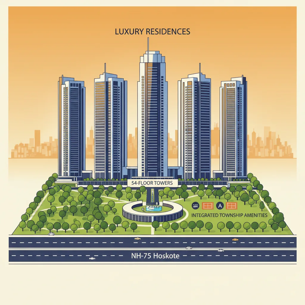 Modern luxury high-rise residential towers at Sobha Hoskote along NH-75 corridor showing 54-floor towers with integrated township amenities