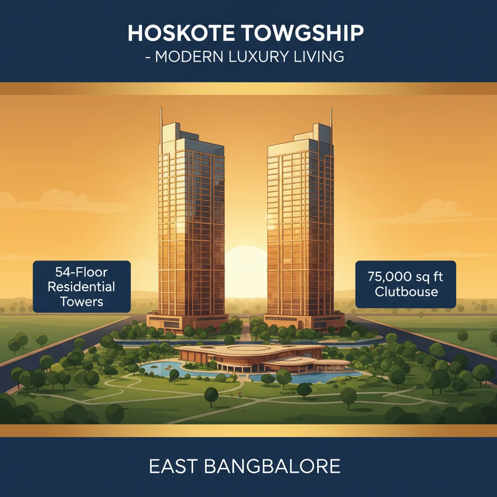 New Launch Project in Hoskote: Modern luxury high-rise residential towers at sunset with 54-floor skyscrapers and clubhouse