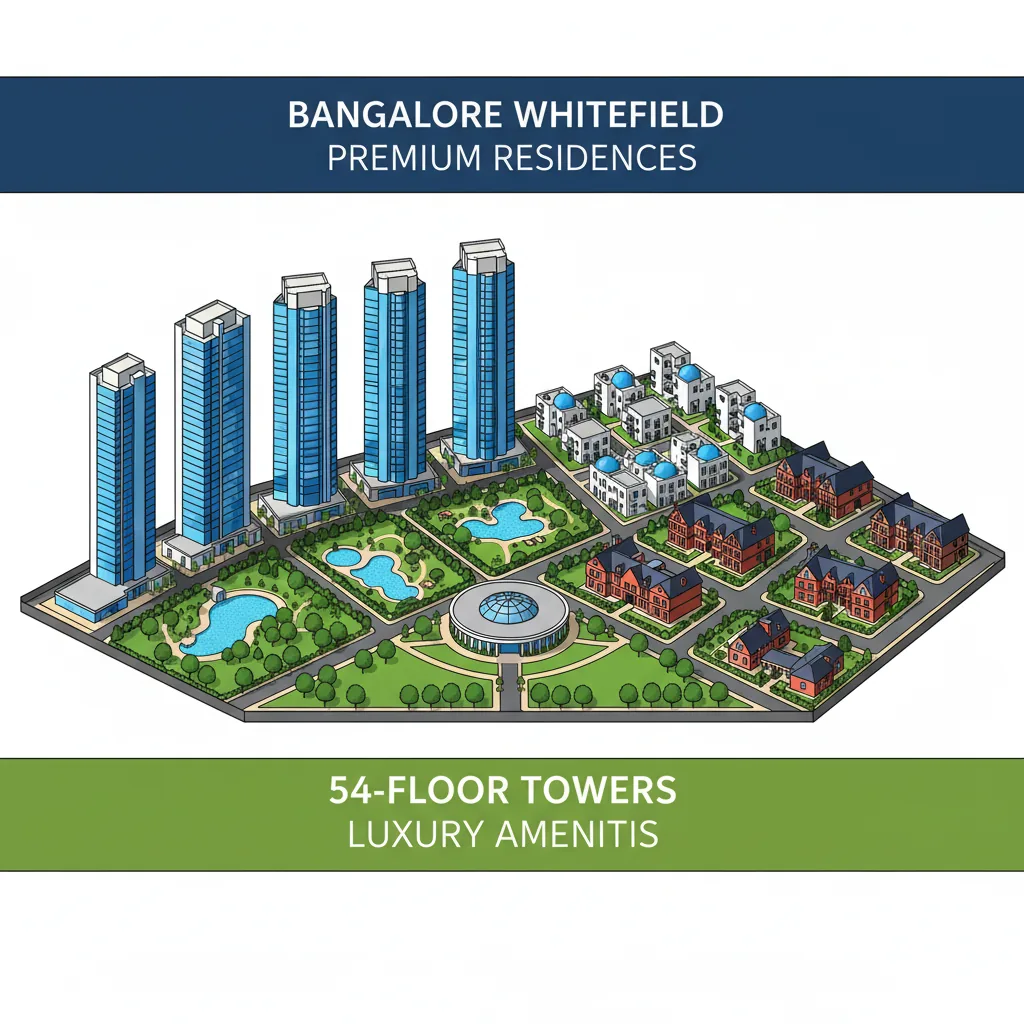Modern luxury residential township aerial view in Bangalore Whitefield area with tall towers and green landscapes
